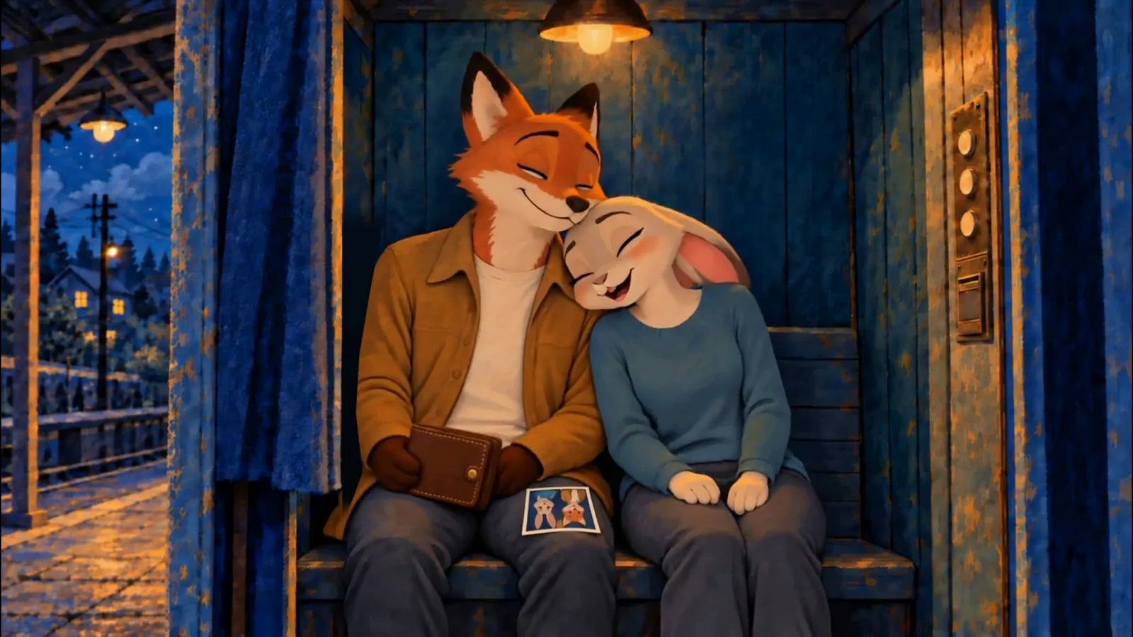 A fox and rabbit in a warm illustrated scene