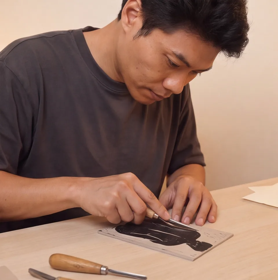 The artist carving the seated figure block