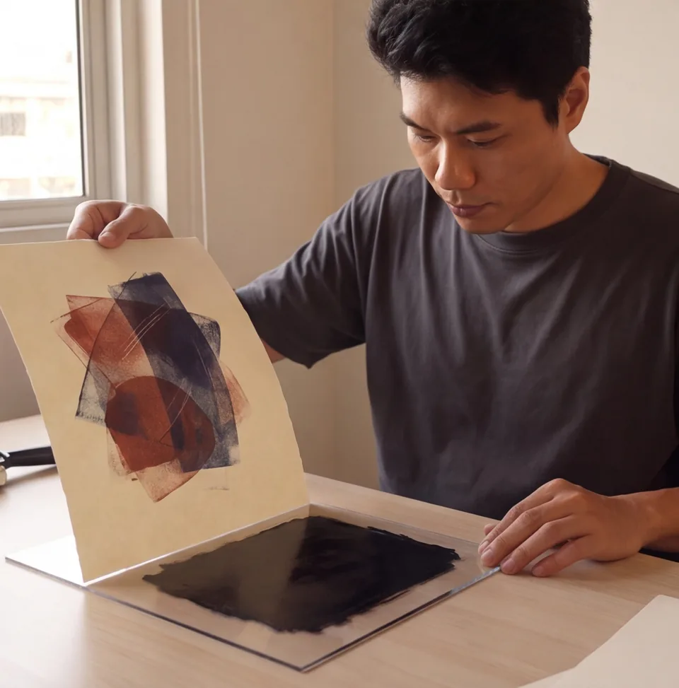 The artist pulling the red and blue monoprint