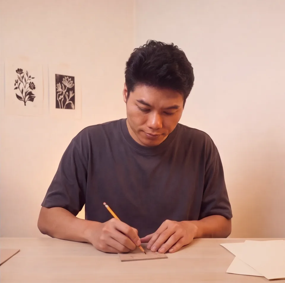 A pencil drawing of the design is made on paper.