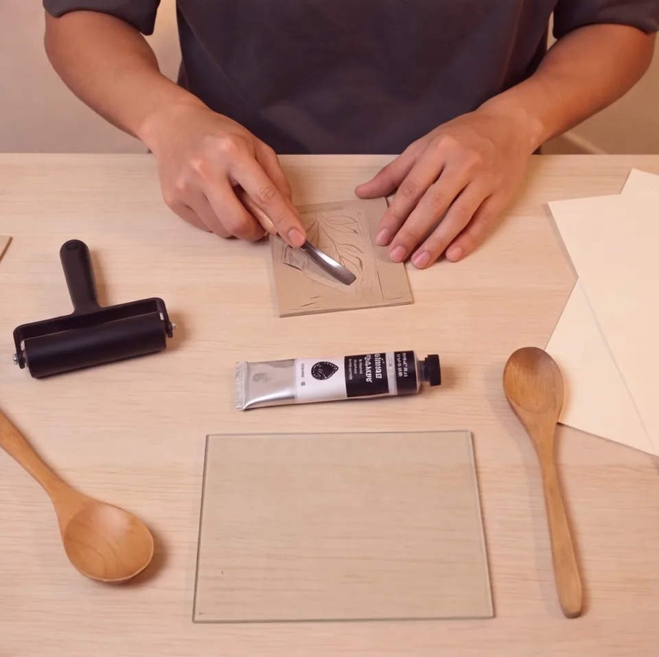 Carving tools and a linoleum block laid out ready to use.